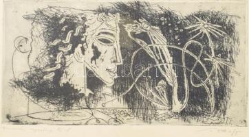 Hincz Gyula (1904-1986): (...) napraforgók, rézkarc, papír, jelzett, üvegezett fakeretben, lapszéli ázásnyommal, 12×23 cm