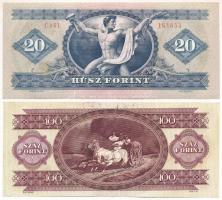 1975. 20Ft eltolódott nyomat + 1992. 100Ft ferde nyomat nyomdai festékfoltokkal T:AU,F szép papír