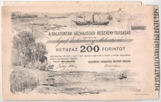 Budapest 1891. Balatontavi Gőzhajózási Részvény -Társaság részvénye 200Ft-ról szelvényekkel, szárazpecséttel, bélyegzésekkel, belső oldalon hagyatéki feljegyzéssel, gróf Eszterházy Mihály neves sportlövész, oroszlánvadász, a MAC első elnöke részére! T:XF folt, felezőhajtásnál szakadás / Hungary / Budapest 1891. Balatontavi Gőzhajózási Részvény - Társaság share about 200 Florin with coupons, embossed stamp and overprints, for Count Mihály Eszterházy C:XF spotted, tear along the fold