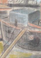 Kliené Róna Klára (1901-1987): Hajók a Duna parton. 1937. Pasztell, papír, vegyes technika. Jelzett....