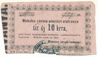 Miskolc 1860. 10kr &quot;Miskolcz város utalványa&quot; bélyegzéssel, rózsaszín papíron T:F Adamo MIS-2.1.2