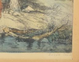 Zugor Sándor (1923-2002): Öreg erdő (szarvas). Színezett rézkarc, papír, jelzett, üvegezett fakeretb...