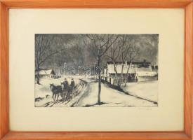 Novák Lajos (1927-1989): Havas táj. Rézkarc, papír, jelzett, üvegezett fakeretben, 19,5x33 cm