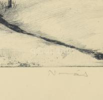 Novák Lajos (1927-1989): Havas táj. Rézkarc, papír, jelzett, üvegezett fakeretben, 19,5x33 cm