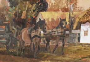 Szanthoffer Imre (1930-2007): Utca lovaskocsival. Olaj, farost, jelezve jobbra lent. Dekoratív faker...