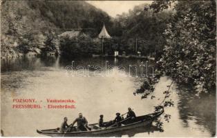 1908 Pozsony, Pressburg, Bratislava; Vaskutacska, csónakázók. Kiadja Kaufmann / Eisenbrünnel (Eisenbründl) / Zelezná Studienka / lake, boats (fl)