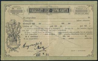 1883 Vadászati jegy - vadászjegy magyar-horvát kétnyelvű, nyomdai minta nyomtatáshoz jóváhagyó aláírással / 1883 Hunting ticket - hunting ticket Hungarian-Croatian bilingual, printing sample for printing with approval signature