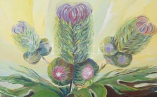 Marosi Ilona (1941-): Álarcos bogáncs. Olaj, farost, jelzett, dekoratív fakeretben, 60×80 cm