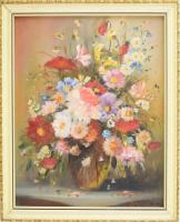 Orsovai Valéria (1943 -): Virágok. Olaj, karton, jelzett. Dekoratív fakeretben, 30×24 cm