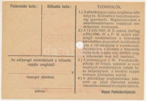 1946. 100.000AP nem kamatozó Pénztárjegy "Másra át nem ruházható", "M. KIR. POSTATAKA...
