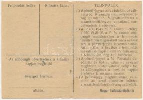 1946. 1.000.000AP nem kamatozó Pénztárjegy "Másra át nem ruházható", "M. KIR. POSTATA...