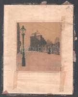 Olvashatatlan jelzéssel, XX. sz. eleje: Utcarészlet hölgyekkel (Párizs?). Rézkarc, papír. Paszpartub...