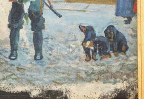 Olvashatatlan jelzéssel: Vadászok és vadászkutyák. Olaj, karton. Sérült. Dekoratív fakeretben. 19,5×...