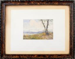 Kövesdy Géza (1887-1950): Emberek a vízparton. Akvarell, papír, jelzett. Üvegezett fakeretben. 12×18...