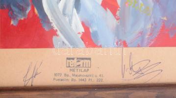 Jelzés nélkül: Vörös-sárga-szürke kompozíció.Olaj, papír. Paszpartun Reform hetilap 1988-89 körüli b...