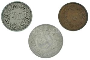 Svájc 1876. 1Fr Ag + 1884. 20r Cu-Ni + 1919. 2r bronz T:XF-F Switzerland 1876. 1 Franc Ag + 1884. 20 Rappen Cu-Ni + 1919. 2 Rappen bronz C:XF-F