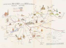 1940 A Grand Hotel Hungária Étterem kétoldalas étlapja és látványtérképe, 43×32 cm