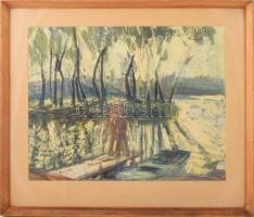 Olvashatatlan jelzéssel: Emberek a kikötőben. Olaj, papír. Üvegezett fakeretben, 38×47,5 cm