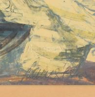 Olvashatatlan jelzéssel: Emberek a kikötőben. Olaj, papír. Üvegezett fakeretben, 38×47,5 cm