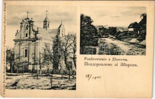 1905 Zboriv, Zborów; Catholic church in winter, street view (fa)