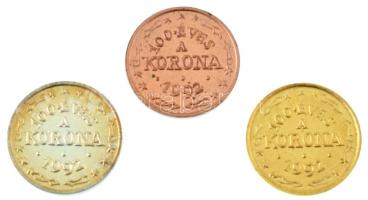 Fritz Mihály (1947-) 1992. "100 éves a Korona" Cu (10mm), Ag (0,70g/0.925/10mm) és Au (1,0...