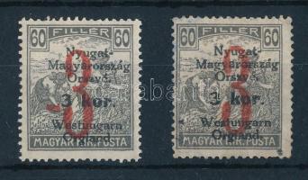 Nyugat-Magyarország VI. 1921 Arató 3K/60f piros festékfolttal + gumi nélküli támpéldány, mindkettő Bodor vizsgálójellel