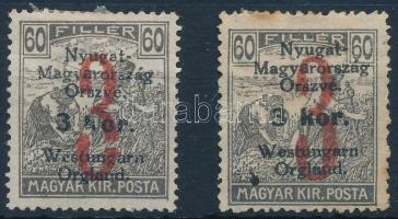 Nyugat-Magyarország VI. 1921 Arató 3K/60f "törött 3" lemezhiba + támpéldány, mindkettő Bodor vizsgálójellel