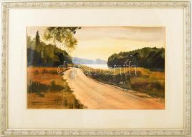 Dobroszláv József (1932-2016): Vízparti táj, 1986. Akvarell, papír, jelzett. Dekoratív, üvegezett fa...