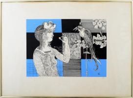 Szász Endre (1926-2003): Hölgy madárral. Szitanyomat, papír, jelzett, művészpéldány Artist's Pr...