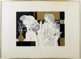 Szász Endre (1926-2003): Hölgy turbános férfival. Szitanyomat, papír, jelzett, művészpéldány Artist&...