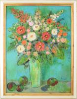 Böhm Lipót, Poldi (1916-1995): Virágok. Olaj, vászon, jelzett, hátoldalán Képcsarnok Vállalat címkéjével. Dekoratív fakeretben, 80×60 cm.