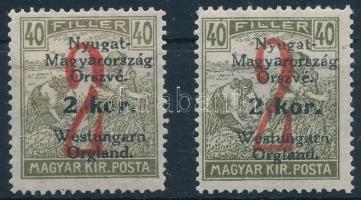 Nyugat-Magyarország VI. 1921 Arató 2K/40f "törött 2" lemezhiba + támpéldány, mindkettő Bodor vizsgálójellel