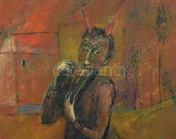 Tóth Ernő (1949-): Hölgy és faun, 1985. Olaj, farost. Jelezve jobbra lent. Hátoldalán Tóth Ernő auto...