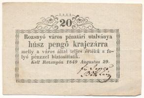 Rozsnyó 1849. 20kr &quot;Rozsnyó város pénztári utalványa&quot; T:F Hungary / Rozsnyó 1849. 20 Kreuzer &quot;Rozsnyó bánya város pénztári utalványa (Cashier&#039;s Coupon of Mine Town of Roznava)&quot; C:F Adamo ROZ-2.1