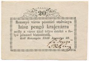 Rozsnyó 1849. 20kr "Rozsnyó város pénztári utalványa" T:F Hungary / Rozsnyó 1849. 20 Kreuzer "Rozsnyó bánya város pénztári utalványa (Cashier's Coupon of Mine Town of Roznava)" C:F Adamo ROZ-2.1