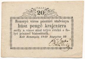 Rozsnyó 1849. 20kr "Rozsnyó város pénztári utalványa" T:F Hungary / Rozsnyó 1849. 20 Kreuzer "Rozsnyó bánya város pénztári utalványa (Cashier's Coupon of Mine Town of Roznava)" C:F Adamo ROZ-2.1