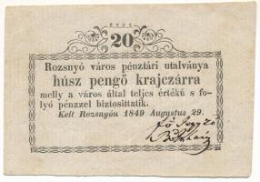 Rozsnyó 1849. 20kr "Rozsnyó város pénztári utalványa" T:F szép papír Hungary / Rozsnyó 1849. 20 Kreuzer "Rozsnyó bánya város pénztári utalványa (Cashier's Coupon of Mine Town of Roznava)" C:F nice paper Adamo ROZ-2.1