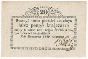 Rozsnyó 1849. 20kr Rozsnyó város pénztári utalványa T:F szép papír Hungary / Rozsnyó 1849. 20 Kreuzer Rozsnyó bánya város pénztári utalványa (Cashiers Coupon of Mine Town of Roznava) C:F nice paper Adamo ROZ-2.1