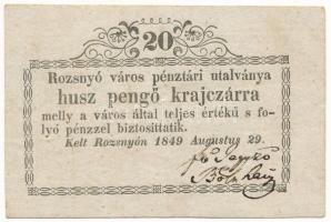 Rozsnyó 1849. 20kr "Rozsnyó város pénztári utalványa" T:F Hungary / Rozsnyó 1849. 20 Kreuzer "Rozsnyó bánya város pénztári utalványa (Cashier's Coupon of Mine Town of Roznava)" C:F Adamo ROZ-2.1