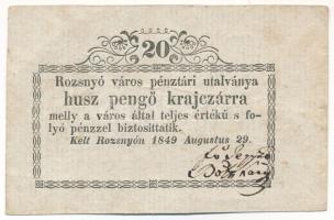 Rozsnyó 1849. 20kr &quot;Rozsnyó város pénztári utalványa&quot; T:F Hungary / Rozsnyó 1849. 20 Kreuzer &quot;Rozsnyó bánya város pénztári utalványa (Cashier&#039;s Coupon of Mine Town of Roznava)&quot; C:F Adamo ROZ-2.1