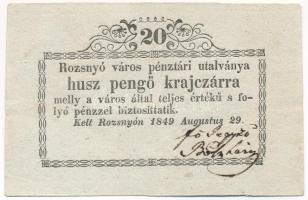 Rozsnyó 1849. 20kr "Rozsnyó város pénztári utalványa" T:F szép papír, kis lyuk Hungary / Rozsnyó 1849. 20 Kreuzer "Rozsnyó bánya város pénztári utalványa (Cashier's Coupon of Mine Town of Roznava)" C:F nice paper, small hole Adamo ROZ-2.1