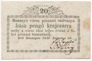 Rozsnyó 1849. 20kr "Rozsnyó város pénztári utalványa" jobb oldali keret középen megtörik T:F folt Hungary / Rozsnyó 1849. 20 Kreuzer "Rozsnyó bánya város pénztári utalványa (Cashier's Coupon of Mine Town of Roznava)" the right frame is broken in the middle C:F spotted Adamo ROZ-2.1.4