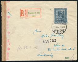 1943 Ajánlott levél Hadigondozás 70+6f bélyeggel bérmentesítve, Budapestről Bécsbe magyar és német cenzúrával