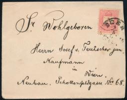 1887 Levél 5kr bérmentesítéssel, a bélyegen az R betű felett pont lemezhibával, EGER - WIEN NEUBAU ZIEGLERGASSE