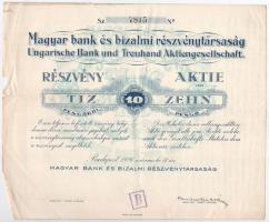 Budapest 1926. Magyar bank és bizalmi részvénytársaság 10 részvénye egyben, összesen 100P-ről, szelvényekkel, szárazpecséttel, bélyegzéssel T:F nagyobb szakadás / Hungary / Budapest 1926. Hungarian Bank and Trust Share Company 10 shares in one, all about 100 Pengő, with coupons, embossed stamp and cancellation C:F bigger tear