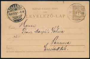 1909 5f díjjegyes levelezőlap ritka bélyegzéssel, SZÉKELYKEVE - PANCSOVA
