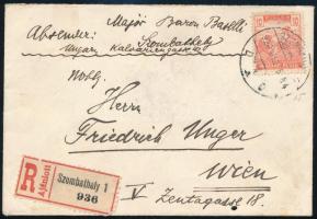 1920 Ajánlott levél Turul 10f + hátoldali Köztársaság/Zita 3x50f bélyeggel bérmentesítve, SZOMBATHELY - Bécs