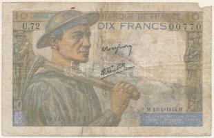 Franciaország 1944. 10Fr T:VG folt, sarokhiány, tűzőgép lyuk France 1944. 10 Francs C:VG spot, missing corner, stapler holes Krause P#99