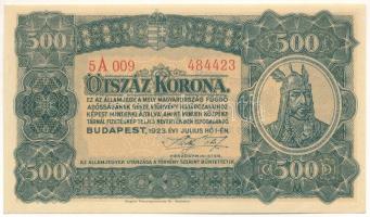 1923. 500K 5A 009 484423, Magyar Pénzjegynyomda Rt. Budapest nyomdahely jelöléssel T:AU /  Hungary 1923. 500 Korona 5A 009 484423, with Magyar Pénzjegynyomda Rt. Budapest printers mark C:AU Adamo K34