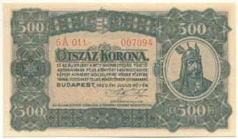 1923. 500K 5A 011 007094, nyomdahely jelölés nélkül T:AU ragasztónyom /  Hungary 1923. 500 Korona 5A 011 007094, without printers mark C:AU Adamo K34/1